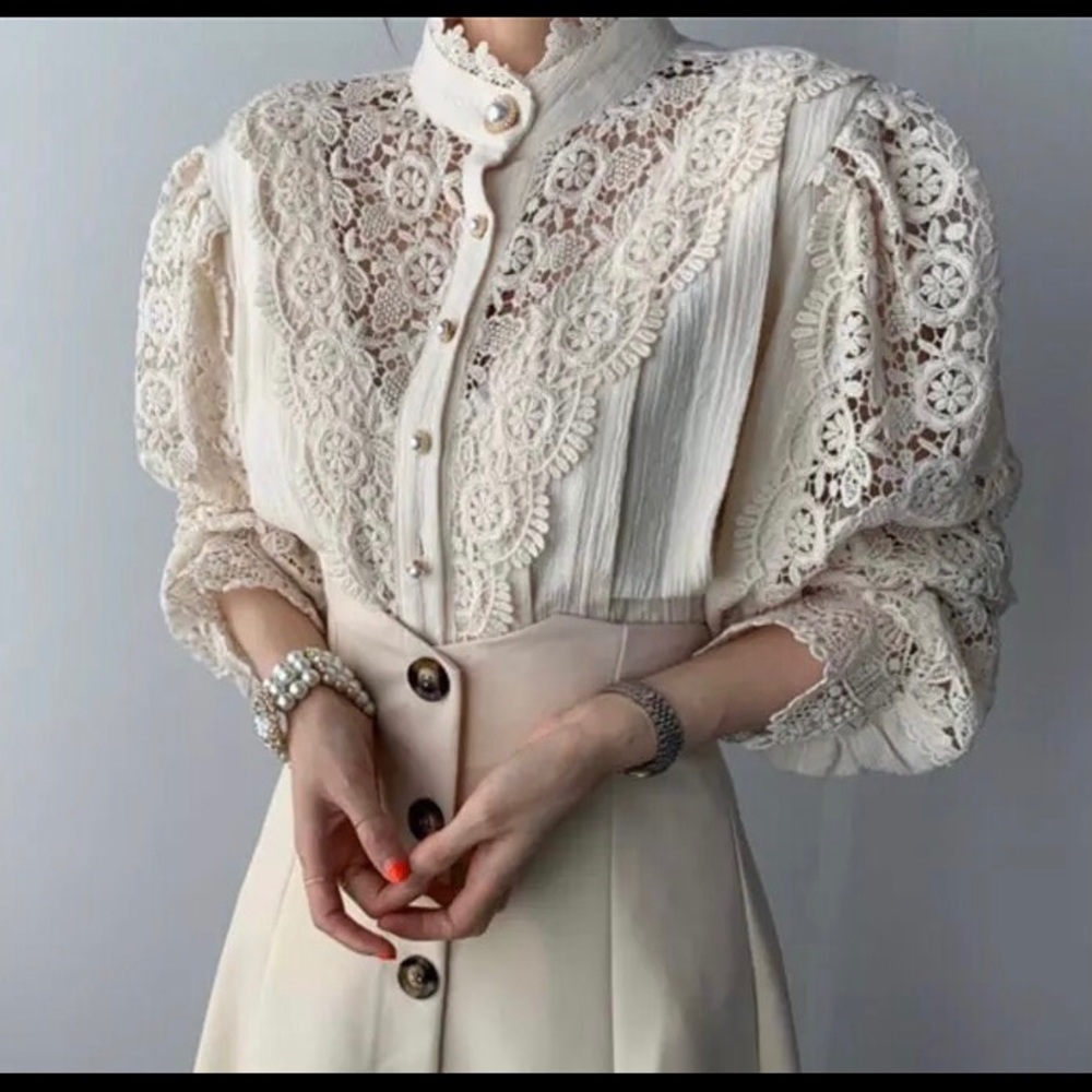 Lace blouse floral womens clothing long sleeve - Picture 2 of 14